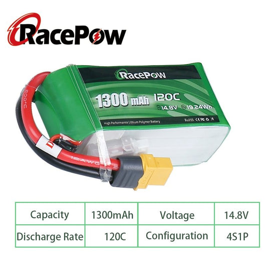 RC LiPo Battery 1300mAh 14.8V 4S 120C with XT60 Plug for FPV Racing