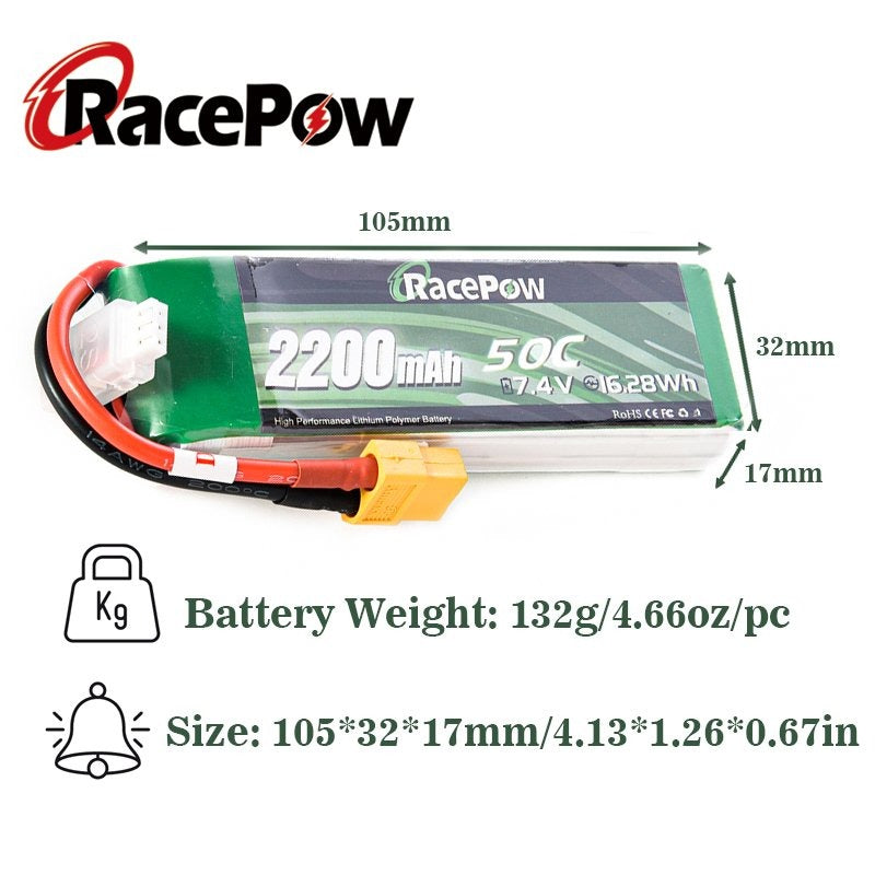 2200mAh 7.4V 2S 50C LiPo Battery with XT60 Plug for RC Car