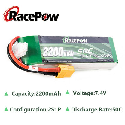 2200mAh 7.4V 2S 50C LiPo Battery with XT60 Plug for RC Car