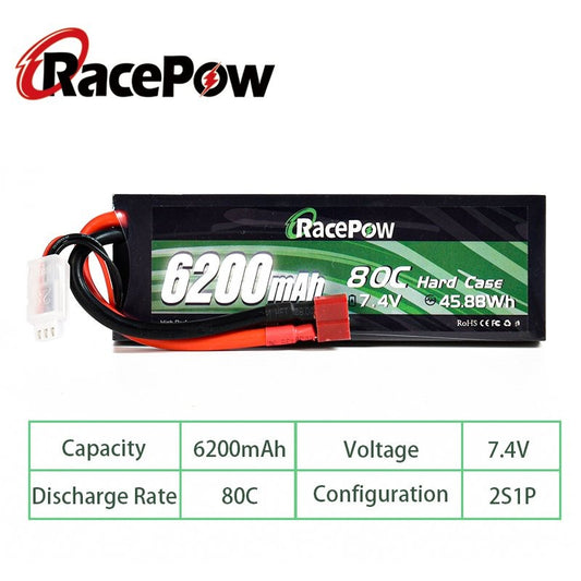 6200mAh 7.4V 2S 80C Hard Case LiPo Battery with T Deans connector for Traxxas 1:8 1:10 RC Car Truck Tank