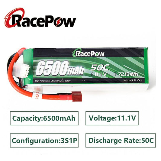 6500mAh 11.1V 3S 50C LiPo Battery with T Deans Connector for RC Car Truck Tank Airplane Drones Helicopter