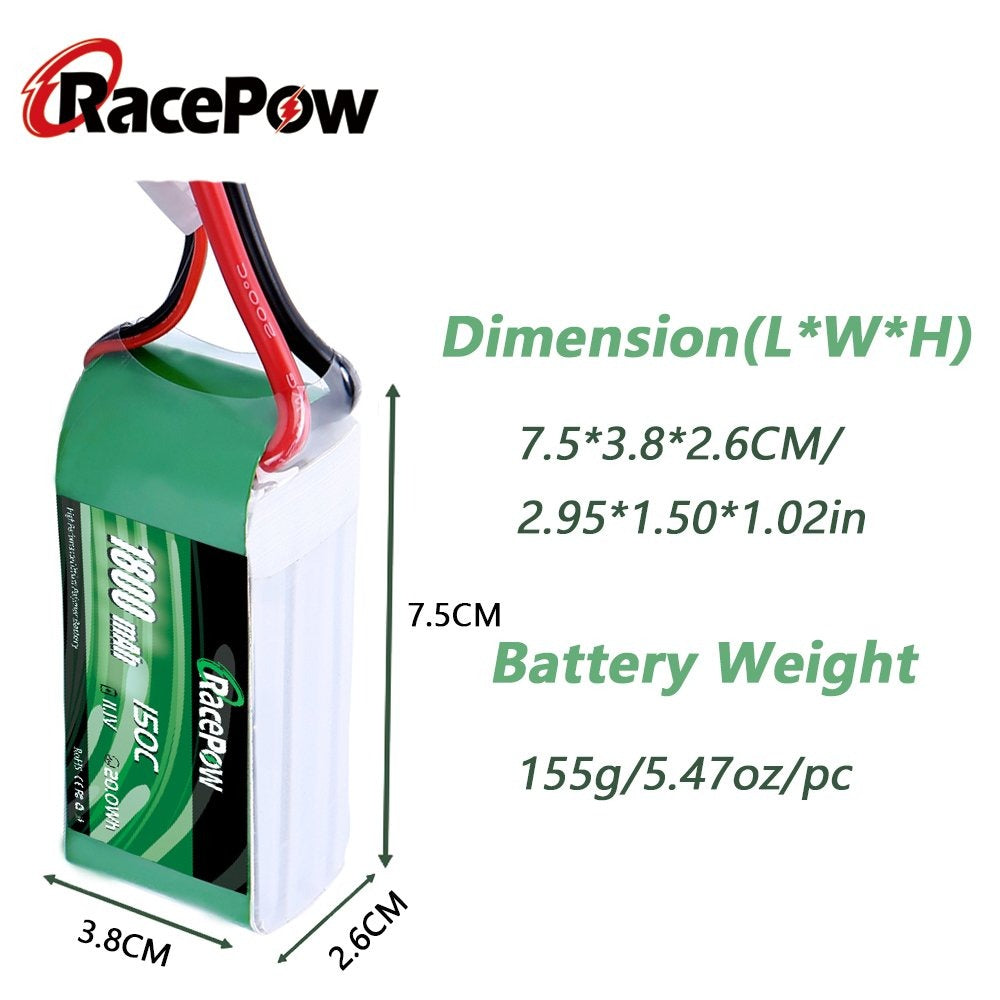 RC High C Rate LiPo Battery 1800mAh 11.1V 3S 150C with XT60 Plug for FPV Racing Drone