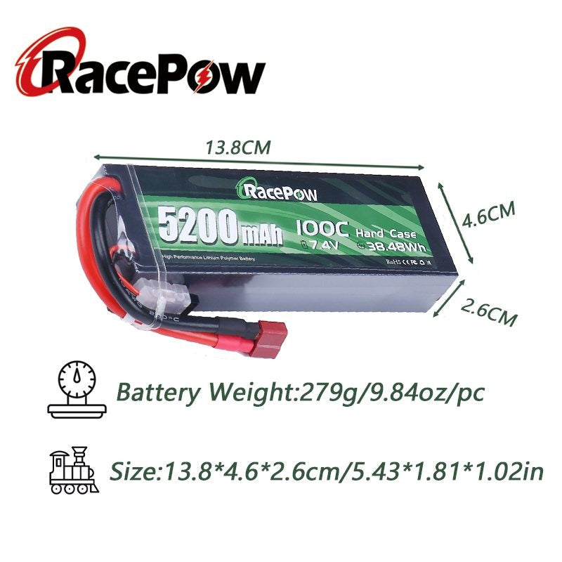 5200mAh 7.4V 2S 100C Hard Case LiPo Battery with T Deans Plug for RC Car