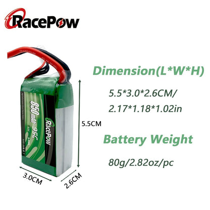 850mAh 11.1V 3S 95C LiPo Battery 2 pcs with XT30/XT60 Plug for FPV Racing