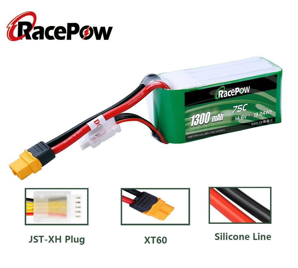 1300mAh 14.8V 4S 75C LiPo Battery 2PCS with XT60 Plug for FPV Racing