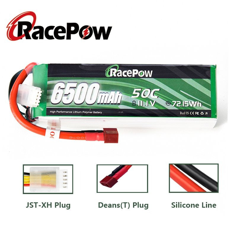 6500mAh 11.1V 3S 50C LiPo Battery with T Deans Connector for RC Car Truck Tank Airplane Drones Helicopter