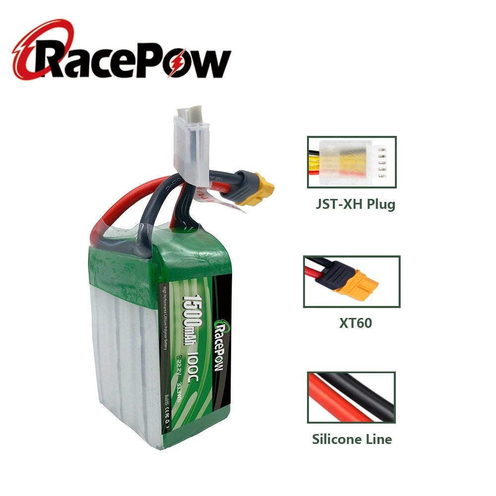 1500mAh 22,2V 6S 100C LiPo baterie s konektorem XT60 pro FPV Racing