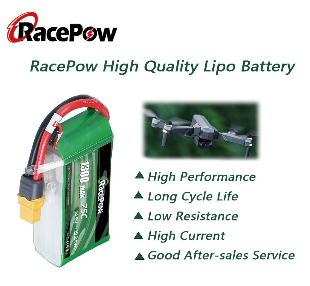 1300mAh 14.8V 4S 75C LiPo Battery 2PCS with XT60 Plug for FPV Racing