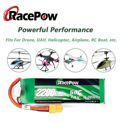 2200mAh 7.4V 2S 50C LiPo Battery with XT60 Plug for RC Car