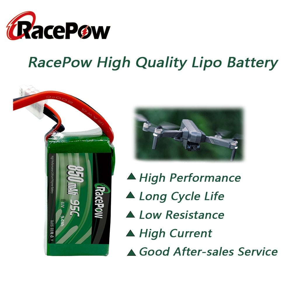 850mAh 11.1V 3S 95C LiPo Battery 2 pcs with XT30/XT60 Plug for FPV Racing