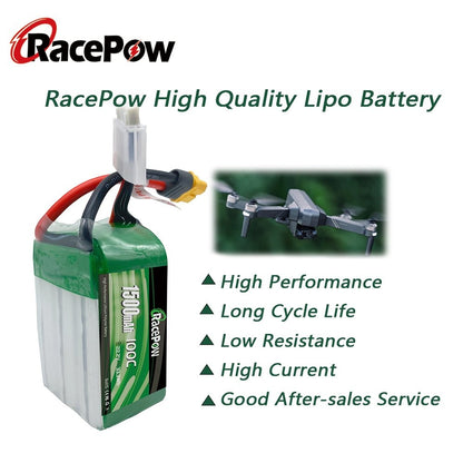 1500mAh 22.2V 6S 100C LiPo Battery with XT60 Plug for FPV Racing