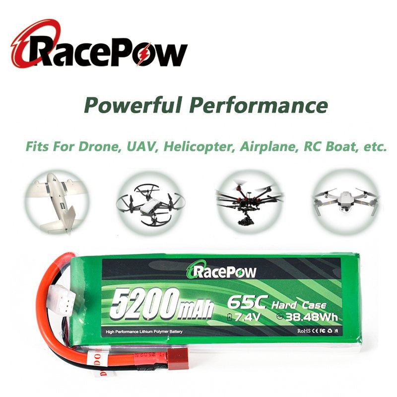 5200mAh 7.4V 2S 65C LiPo Battery with T Deans Plug for RC Car Drone Helicopter