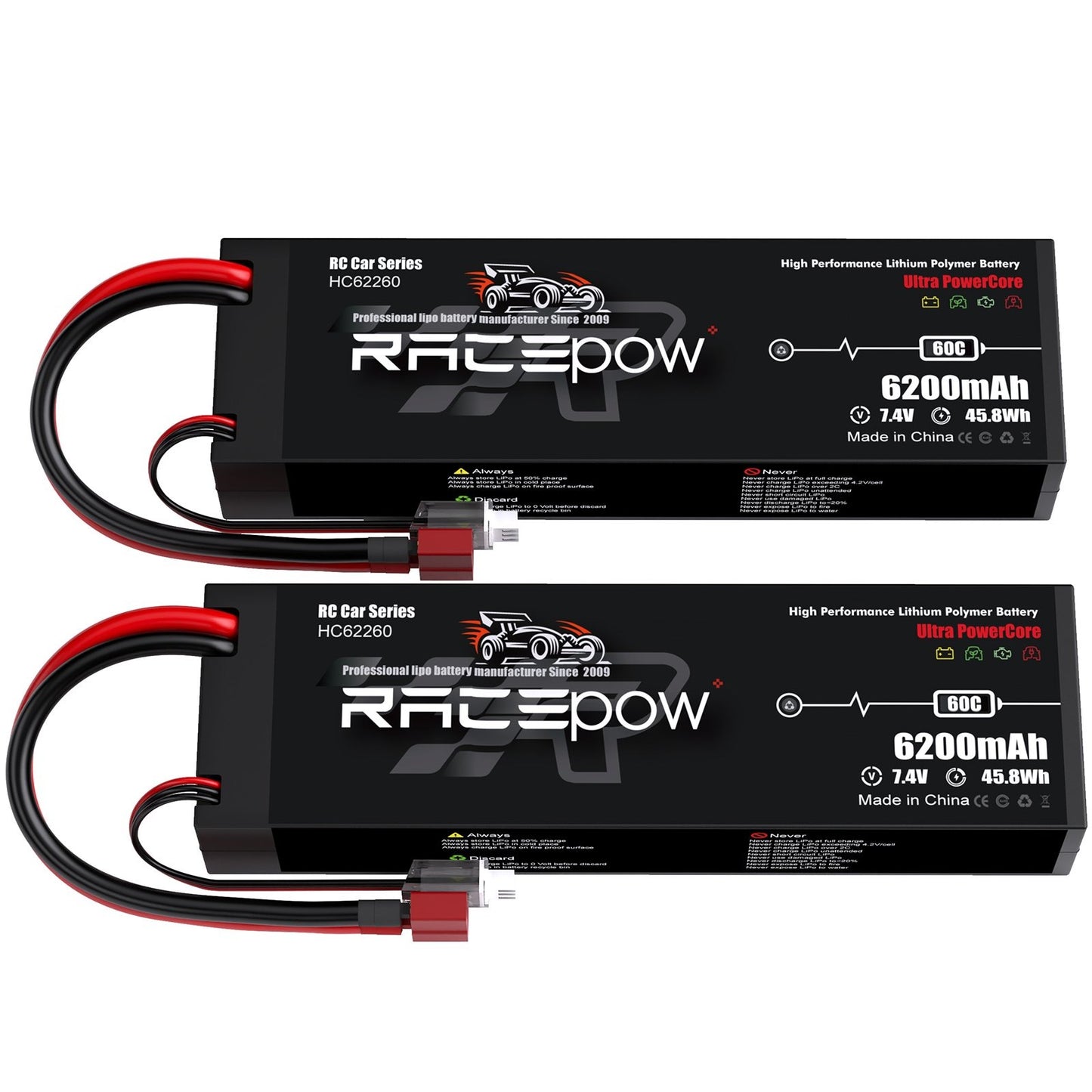 6200mAh 7.4V 2S 60C Hard Case LiPo Battery with T Deans Plug