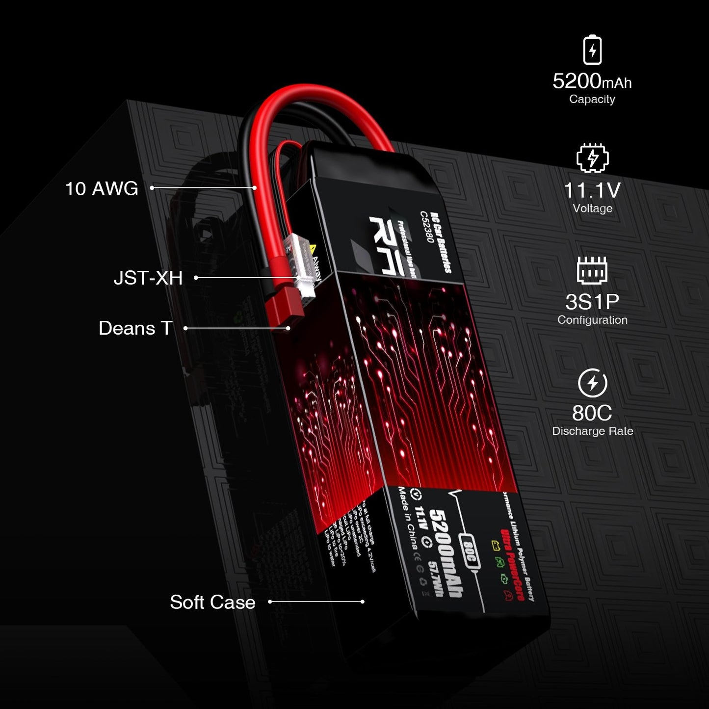 5200mAh 11.1V 3S 80C LiPo Battery with T Deans Plug