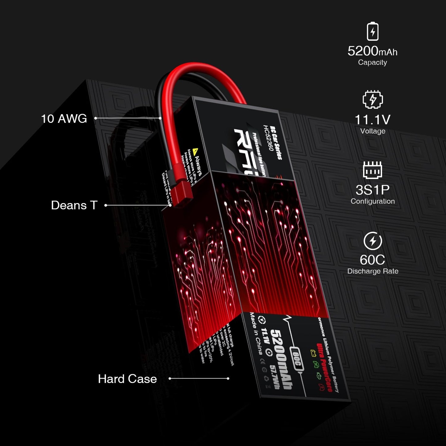 5200mAh 11.1V 3S 60C Hard Case LiPo Battery with T Deans Plug