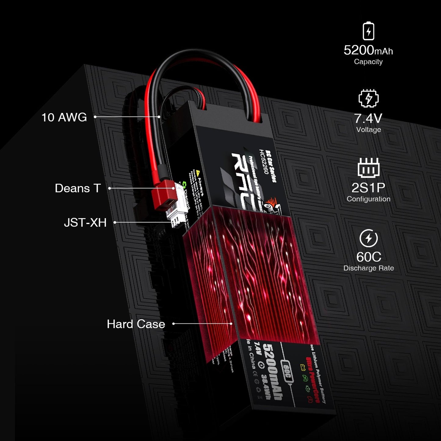 5200mAh 7.4V 2S 60C Hard Case LiPo Battery with T Deans Plug