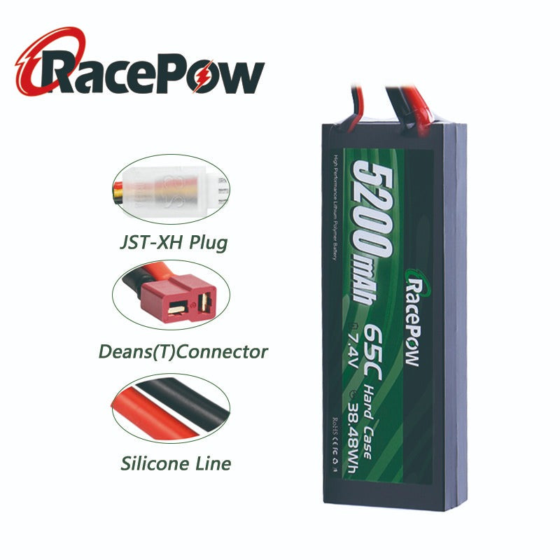 5200mAh 7.4V 2S 65C Hard Case LiPo Battery with T Deans Plug for RC Car