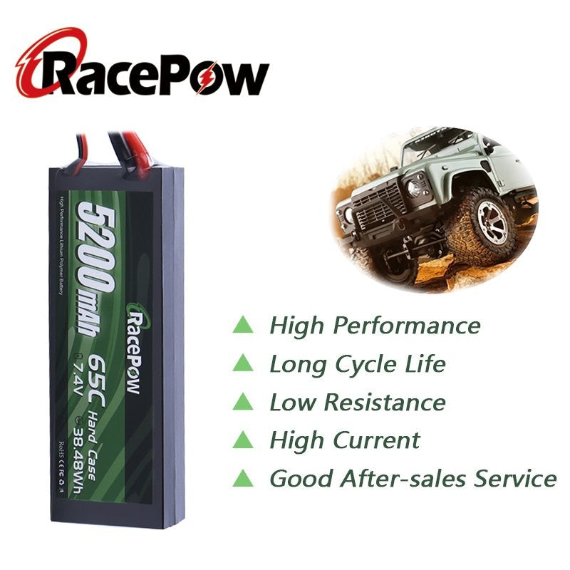 5200mAh 7.4V 2S 65C Hard Case LiPo Battery with T Deans Plug for RC Car